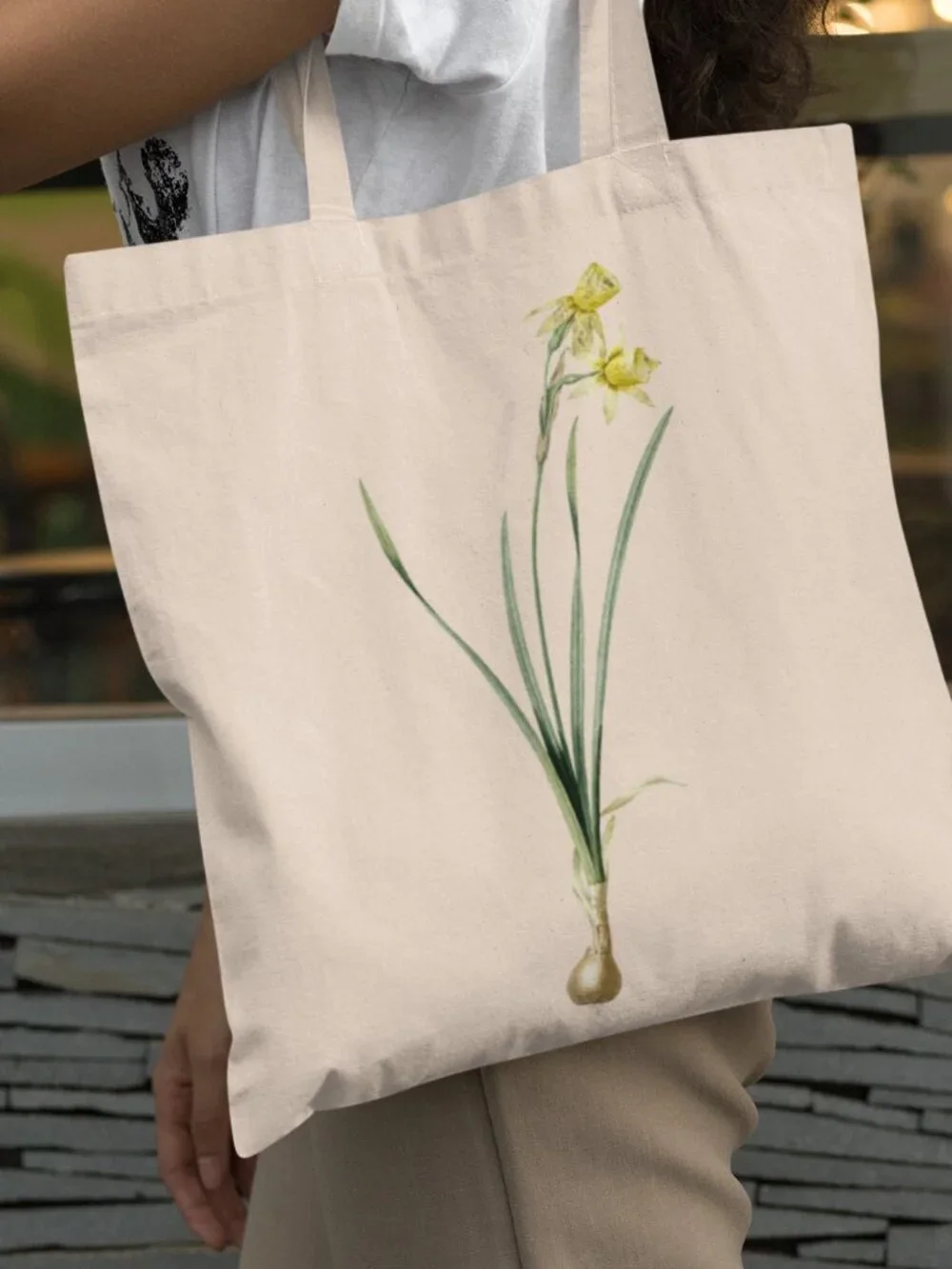 White Narcissus Vintage Floral Print Graphic Canvas Tote Bag